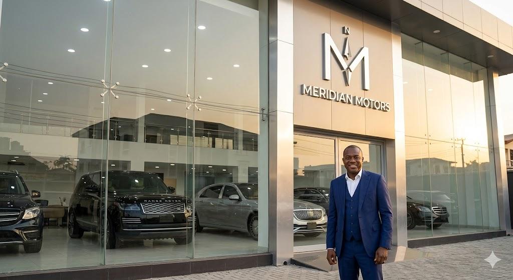 Meridian Motors showroom interior with luxury vehicles on display